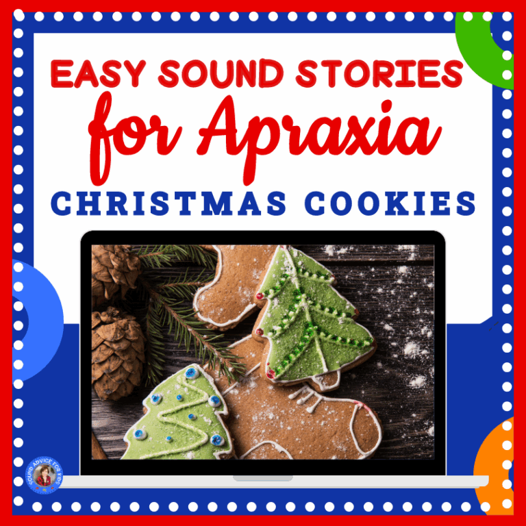 A graphic with bold text reading ‘Easy Sound Stories for Apraxia Christmas Cookies’ sits above a laptop screen showing iced Christmas-tree and gingerbread-shaped cookies with pinecones and evergreen branches. The design features bright red, blue, and green accents with a festive, playful style. The overall image promotes a holiday-themed apraxia sound-story resource