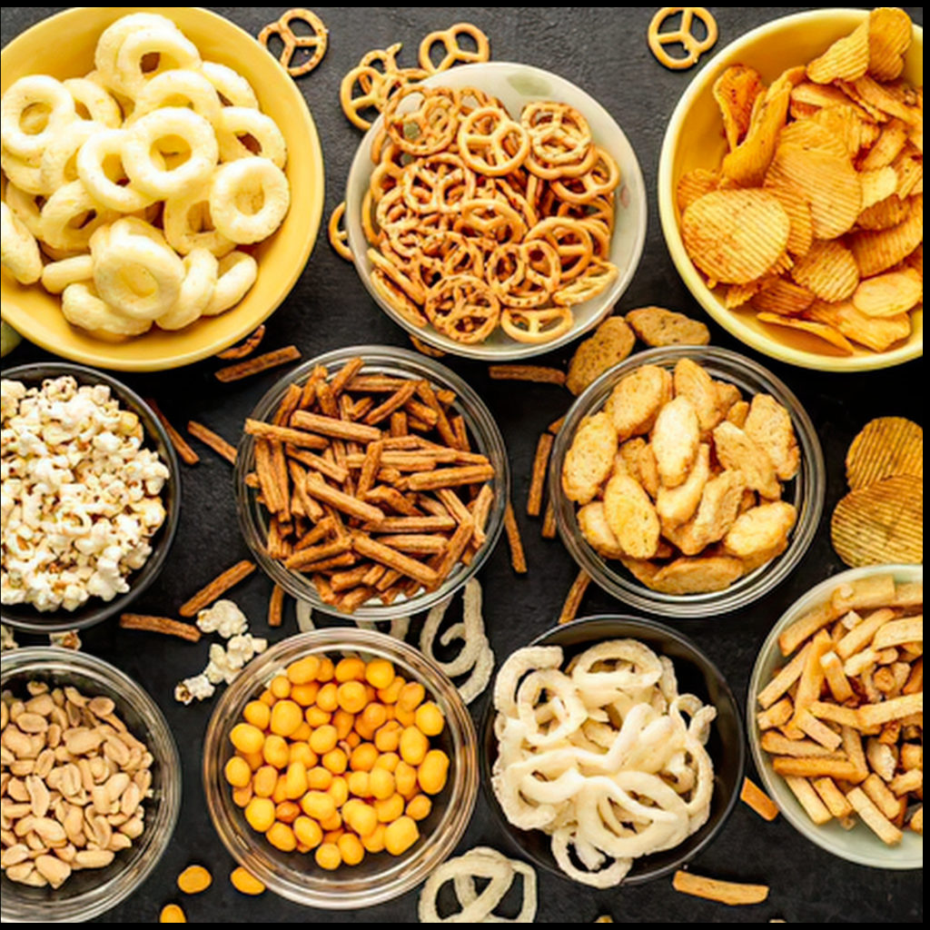Snack Time and Speech Therapy: 5 Ways to Turn Crackers Into Language 3 Bowls of salty snacks including chips, pretzels, popcorn, and crackers for snack time and speech therapy choices.